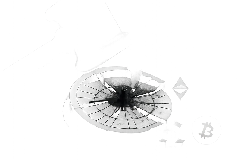 On a black background, a steel gavel hits a cracked roulette wheel of glowing circuit lines, scattering bright shards.