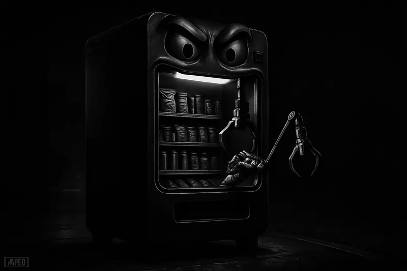 A futuristic vending machine with robotic claw arms organizes snacks on a dark San Francisco sidewalk in a moody monochrome scene.
