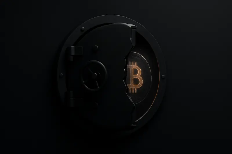 A matte-black city vault door with fine cracks, reflecting a faint orange digital coin glow against a dark background.
