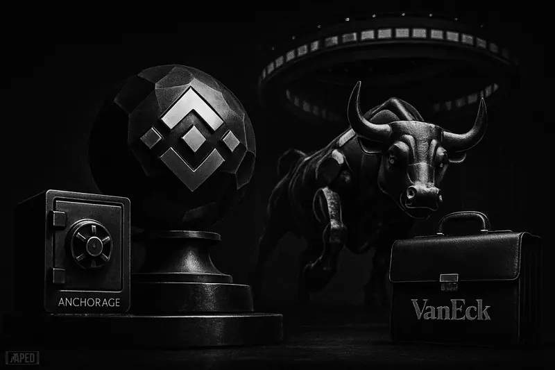 A metallic BNB sphere on an exchange pedestal with a charging bull, vault device, and dark institutional trading backdrop.
