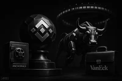 A metallic BNB sphere on an exchange pedestal with a charging bull, vault device, and dark institutional trading backdrop.