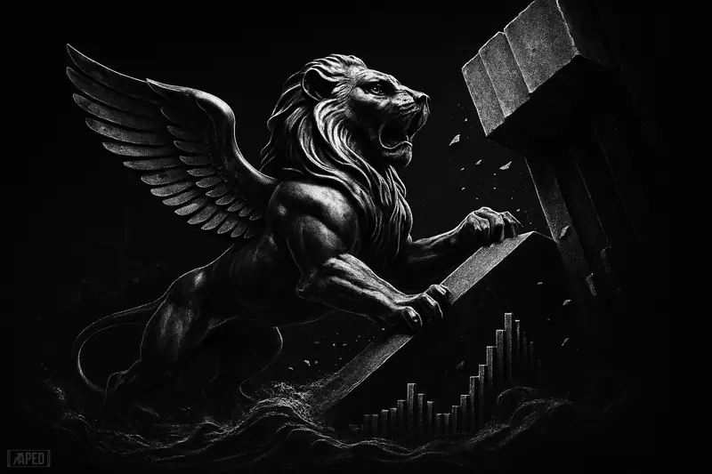 A dramatic winged lion climbs toward a jagged barrier as market waves surge behind it in a dark grayscale financial scene.