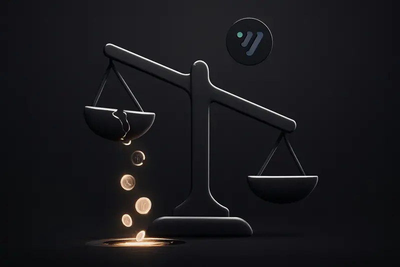 A cracked metallic balance scale on a black background, spilling glowing coins and fragmented shards into a deep shadowy void.