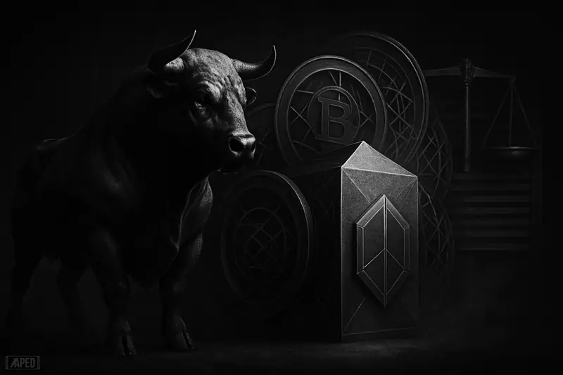 A grayscale armored bull guards a glowing prism vault surrounded by cryptographic shields and compliance scales in a dark data-grid setting.