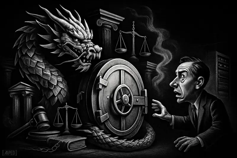 A grayscale dragon of digital shards coils around a bank vault as lending symbols and dark regulatory imagery frame a hopeful credit-access scene.