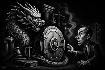 A grayscale dragon of digital shards coils around a bank vault as lending symbols and dark regulatory imagery frame a hopeful credit-access scene.