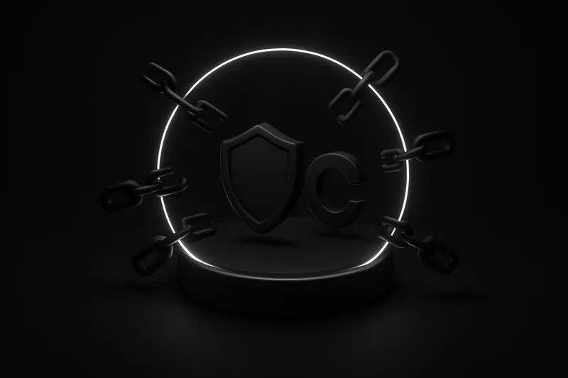 A dark map-like silhouette encircled by a neon ring barrier, with scattered glowing crypto nodes outside the boundary