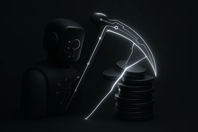 A neon-blue circuit-shaped scythe cuts through a pile of dim coins on a black, smoky background.