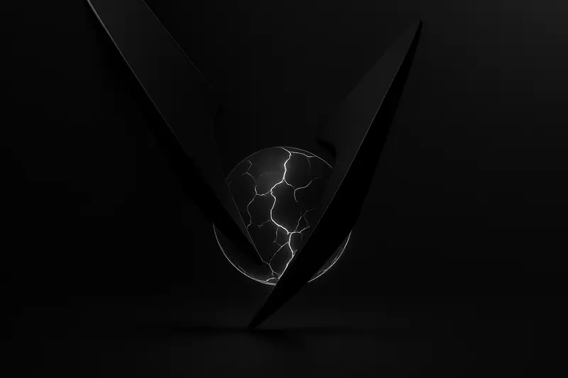 Glowing neon sphere with fracture lines and falling shards, surrounded by dark angular shapes on a black background