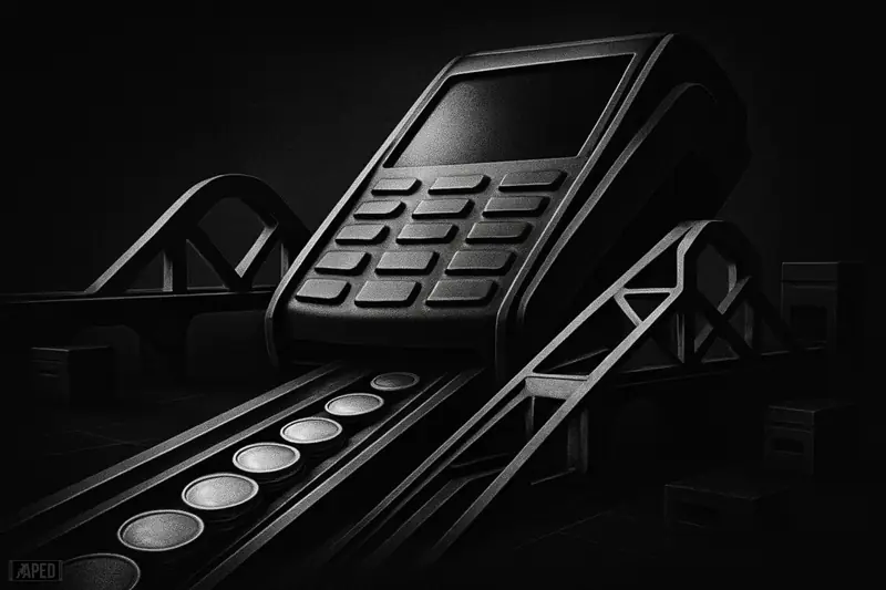A giant payment terminal sends metallic rails and coin streams through dark blockchain bridges in a moody black-and-white financial scene.