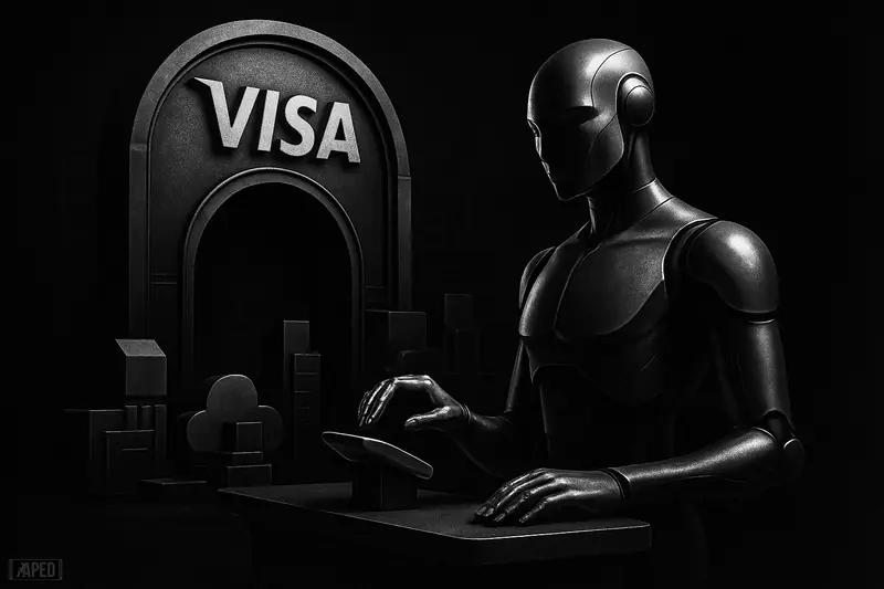 A futuristic shopping robot stands at a secure payment portal in a dark grayscale retail-tech scene with rival finance systems fading behind.