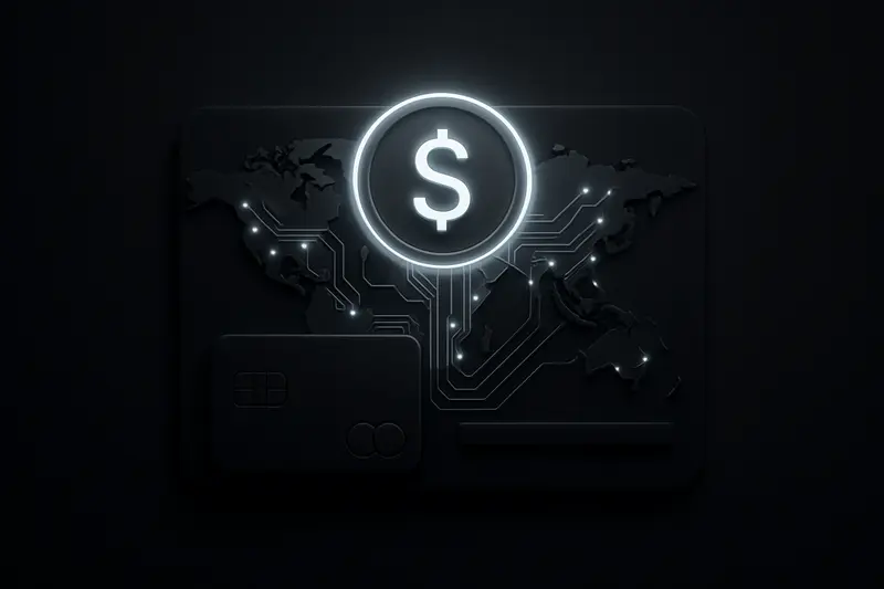 Glowing stablecoin-like orb embedded in a dark contactless card, emitting circuit lines across a faint world map background.
