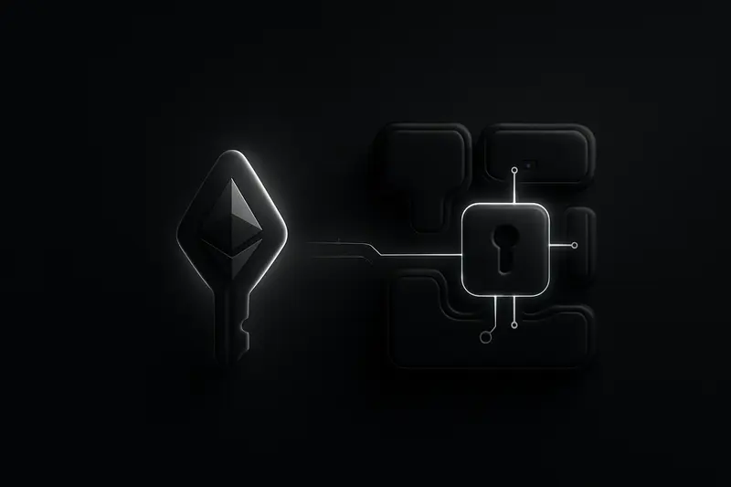 On a dark background, a luminous key transitions into a geometric circuit-shaped lock with subtle neon traces.