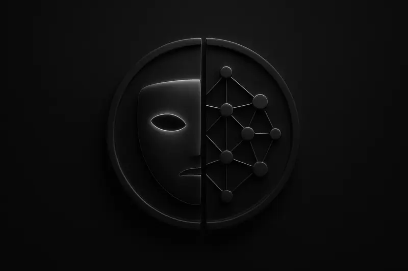 A dark cover showing a luminous coin divided between a faceted mask and a glowing network grid on black.