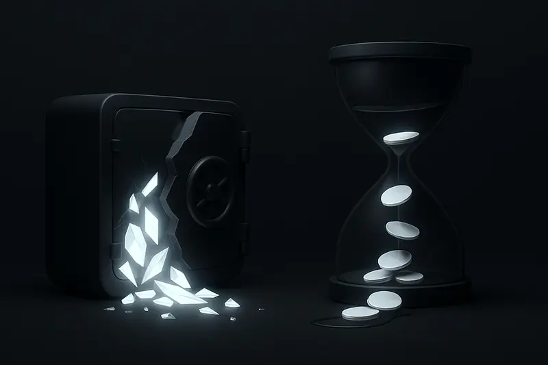 A cracked black vault releases glowing blue coin fragments that stream downward like sand into a shadowy void.