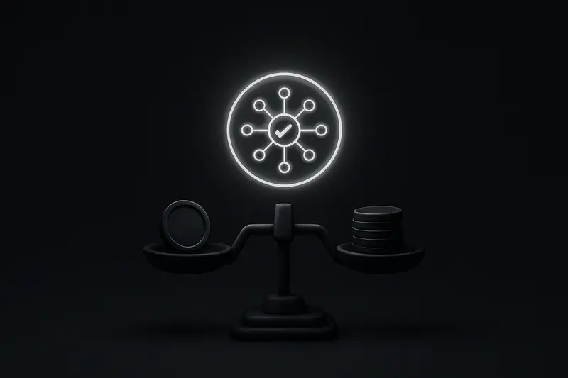 On a black background, a luminous neural ring hovers above tilted coin scales, casting cool blue and violet light.