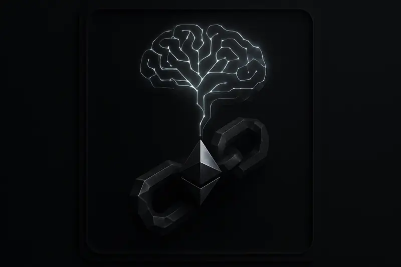 A dark background with a luminous circuit-brain pattern merging into a faceted, glowing chain of geometric links.