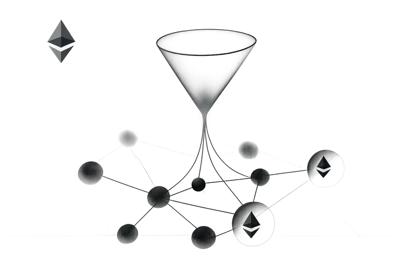 Glowing crystalline funnel channels neon liquid into a web of floating nodes over a dark, starry, futuristic background.