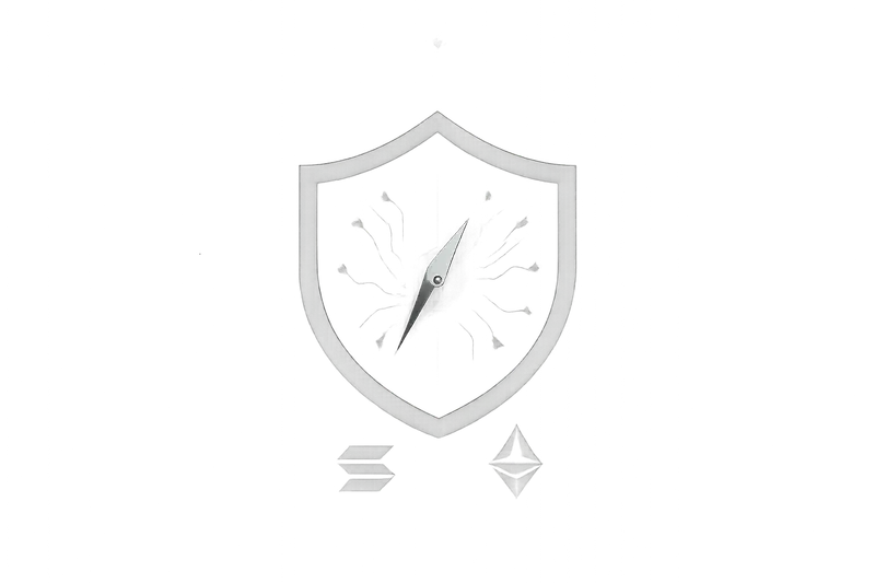 A neon compass needle hovering over a dark circuit ring, aligning toward a faint shield silhouette on black background.