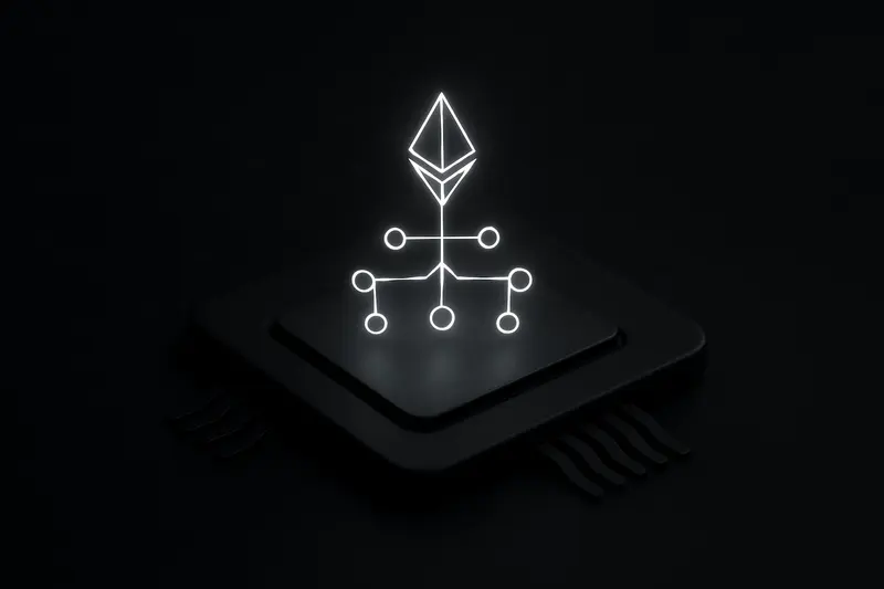 A luminous branching binary tree merges into a sleek circuit chip, floating over a dark, star-speckled background.