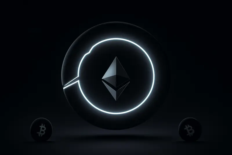 A dark background with a luminous ring split into many shards, converging into one bright prism-like core.