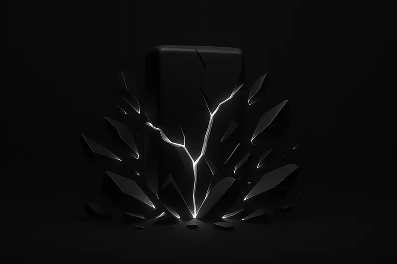 A dark monolithic block fractured into many glowing shards, with thin neon streams flowing between them on black background.