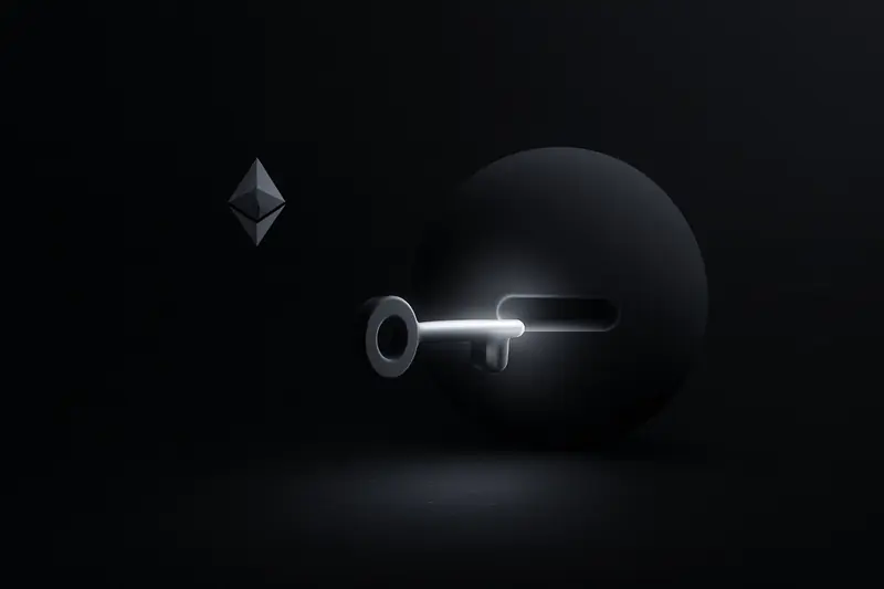 A luminous key opens a dark metallic sphere wrapped in circuit traces, with faint purple-blue energy lines radiating outward.