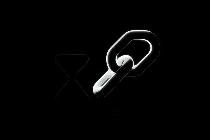 On a black background, a split metallic hourglass fuses into a bright chain link with faint circuit lines and drifting particles.