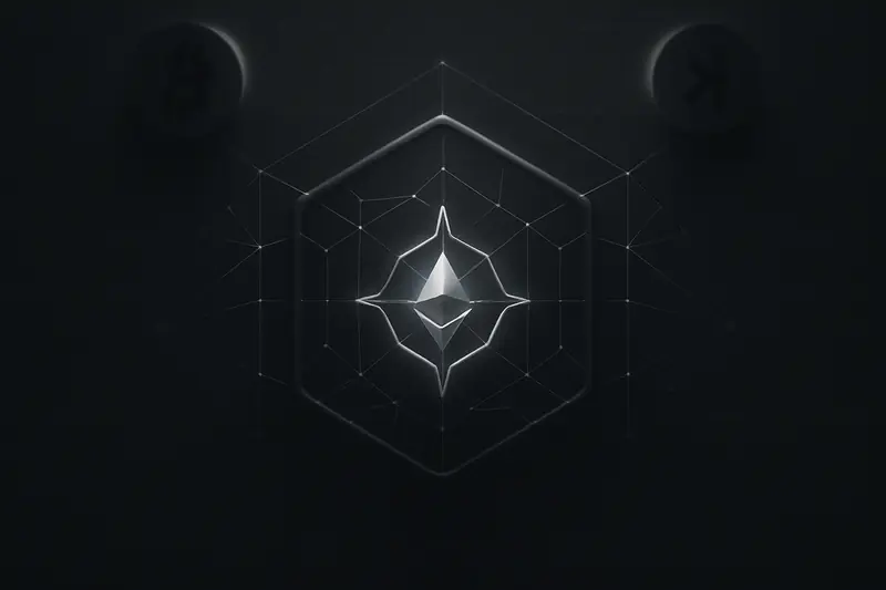 A luminous compass at the center of a crystalline web of nodes, radiating faint blue light on a black background.