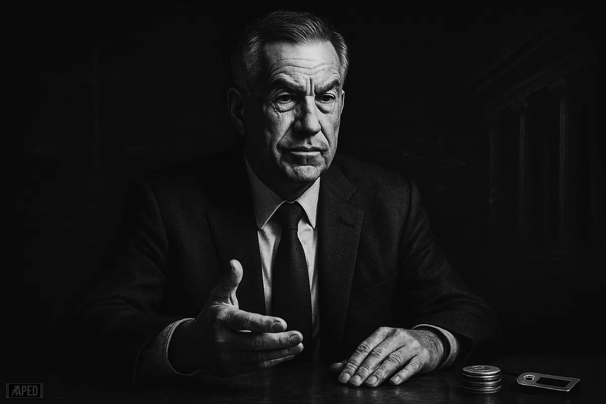 Christopher Waller in a dramatic grayscale editorial portrait with stablecoin symbols, regulatory scales, and digital payment network imagery behind him.