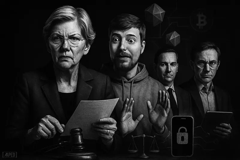 Warren confronts MrBeast as two executives loom behind, with gavel, scales, locked phone, and abstract crypto cubes in darkness.