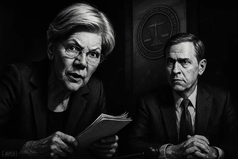 Elizabeth Warren confronts Paul Atkins in a dark congressional hearing scene with legal symbols and a faint data-grid backdrop.
