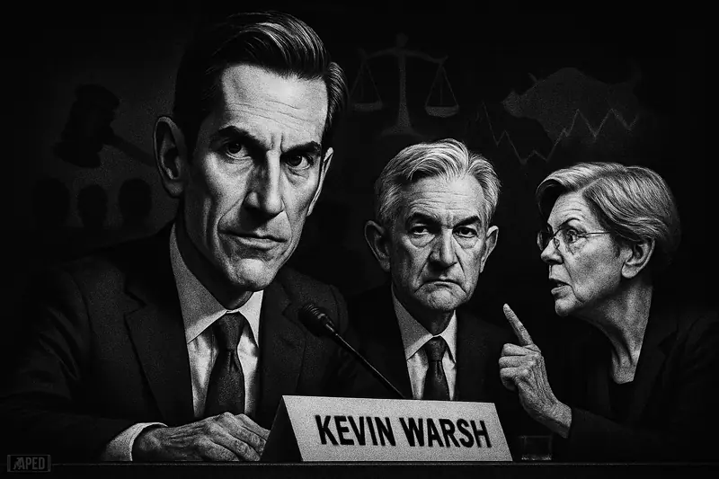 Kevin Warsh faces a tense Senate-style hearing, flanked by Jerome Powell and Elizabeth Warren in a dark monochrome financial-political scene.