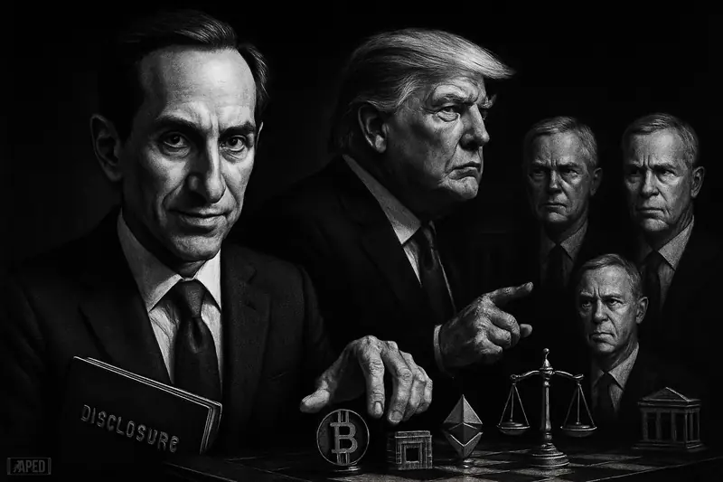 Kevin Warsh stands with a disclosure folder amid shadowy political and market figures, surrounded by grayscale symbols of crypto, AI, and regulation.
