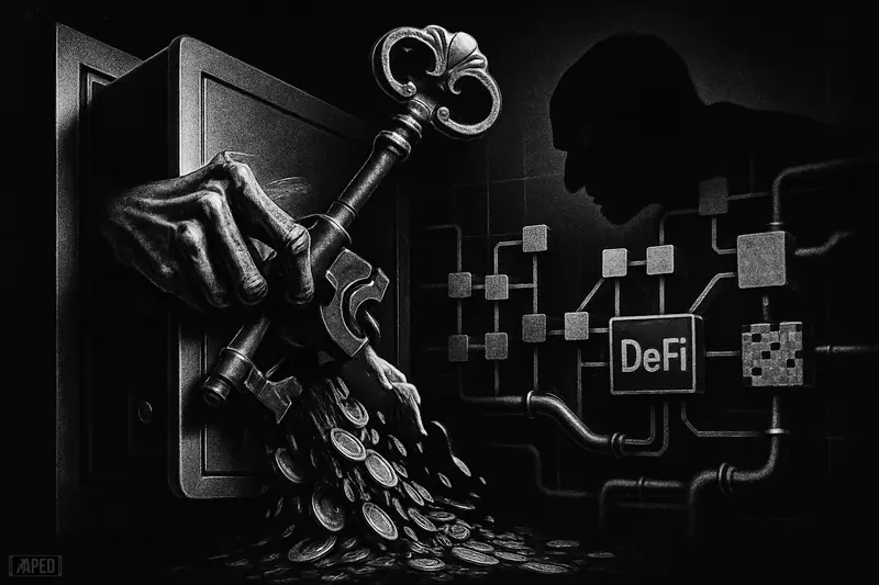 A breached vault machine spills assets as a skeletal hand grips a master key beside corrupted DeFi contract machinery in a dark grayscale scene.