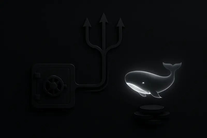 Dark cover showing a circuit-like trident linking a steel bank vault to a luminous whale silhouette over faint candlestick lines.