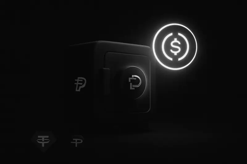 A dark bank vault silhouette blends into a luminous gold coin-like orb, with thin circuit lines radiating on black.