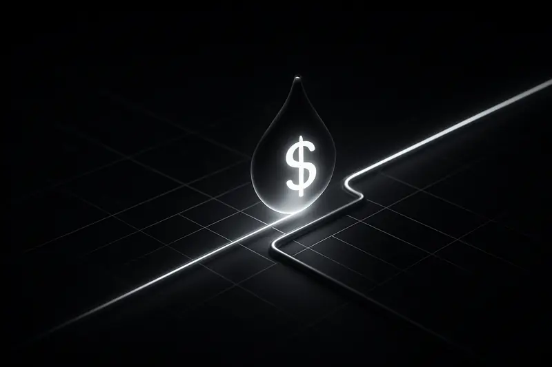 Glowing dollar-shaped droplet traveling through neon circuit-like pathways on a dark background with subtle blue network lines.