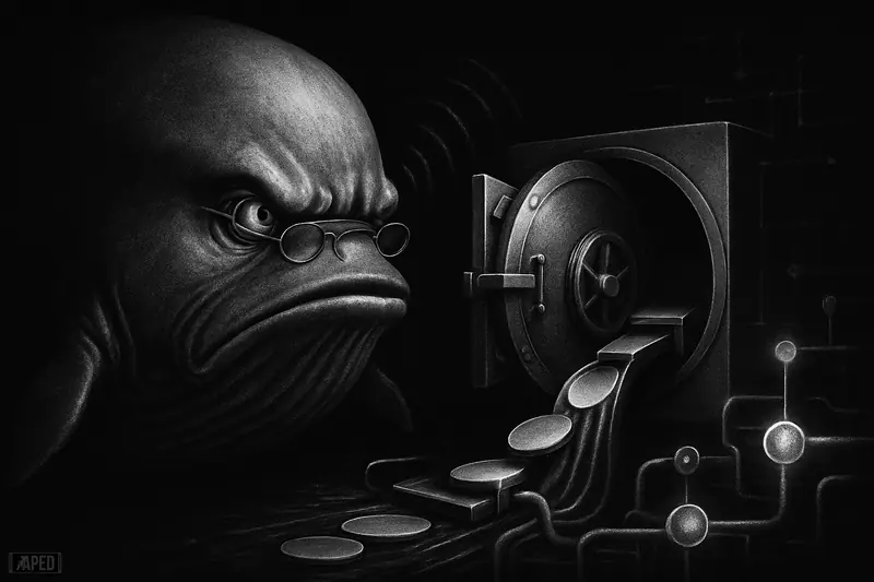 A giant vigilant whale pings a treasury vault as a minting machine spills blank coins into dark DeFi network pipes.