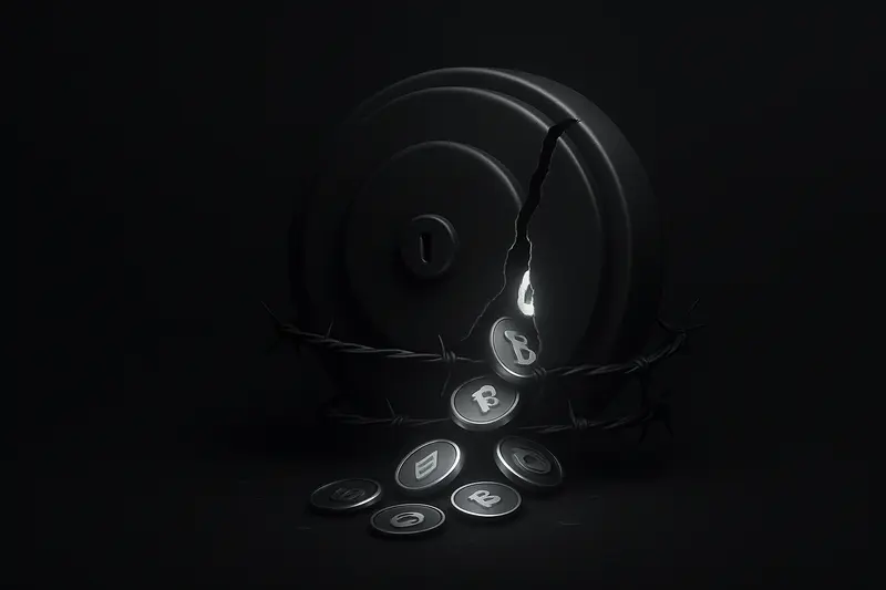 A dark metal vault door with a broken seal, glowing coins spilling through barbed wire onto a black background.