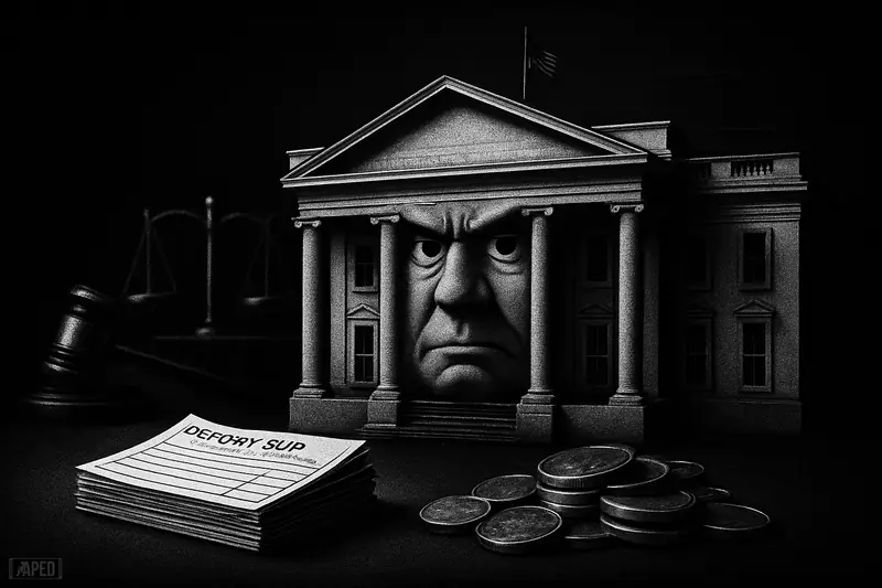 A dark grayscale government-building caricature looms over bank deposit slips, stablecoin discs, scales, and a gavel in a tense regulatory scene.
