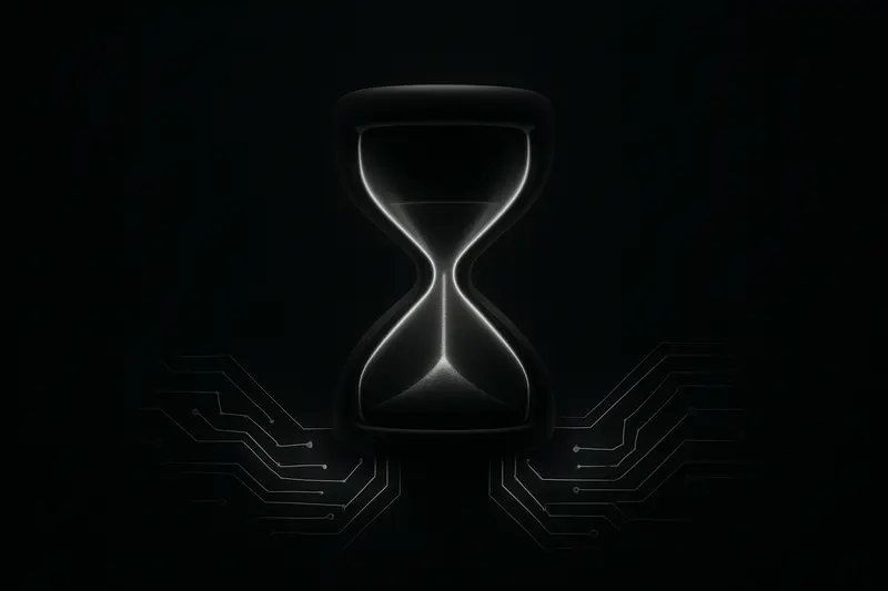 A luminous hourglass over a dark background, its sand turning into two branching neon circuit lines with subtle grid texture.