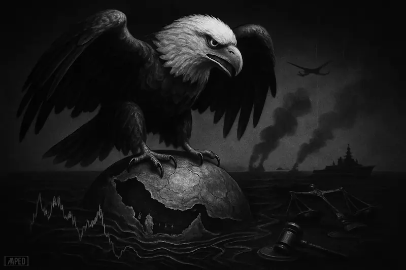 A fierce eagle grips a cracked Gulf globe above dark oil-churned waters, with warships, smoke, and market volatility motifs in grayscale.