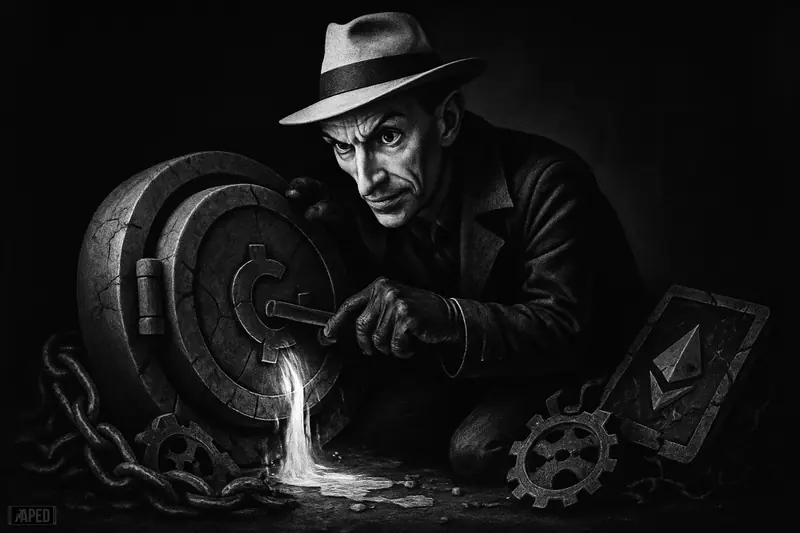 A white-hat hacker caricature opens a broken vault as digital treasure spills out amid shattered blockchain machinery in a dark grayscale scene.