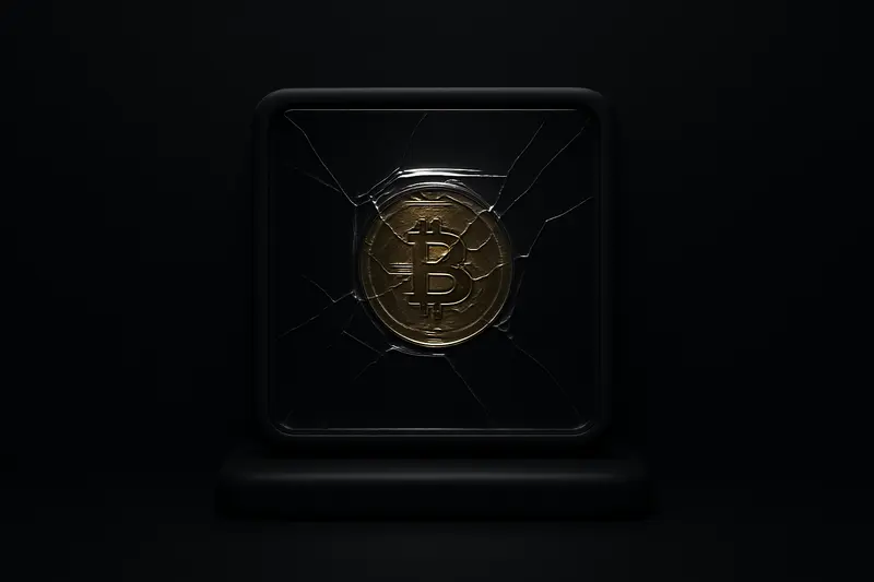 A single glowing gold coin sealed behind cracked glass in a dark display case, with faint dust-like particles floating.