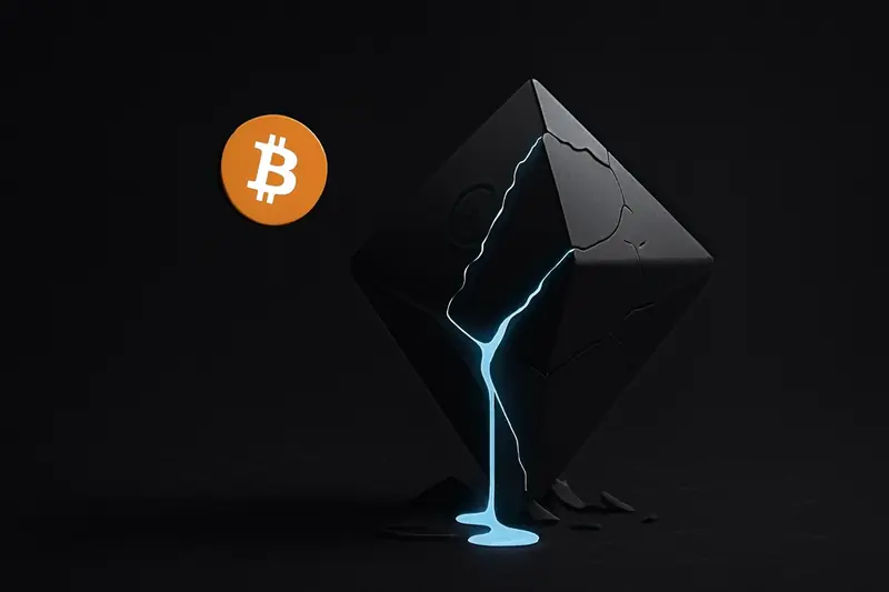 A faceted gemstone split into two mirrored halves, cracked and leaking neon-blue liquid onto a black, star-dusted background