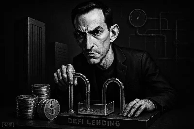 A grayscale caricature of Corey Caplan over a DeFi control console, with drained reservoirs, pipes, vaults, and ominous exchange server towers behind him.