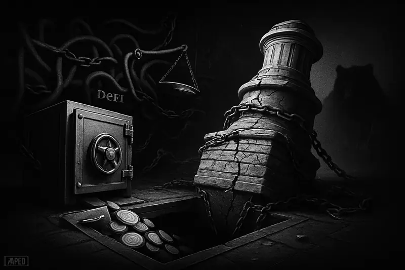 A cracked liberty pedestal made of token discs sinks through a trapdoor beside a lending vault, with DeFi pipes and a bear shadow behind.