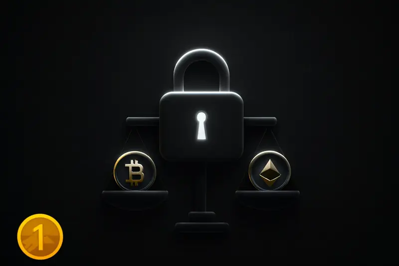 Black cover with a neon-lit coin balance scale merging into a central padlock, surrounded by faint circular token rings and circuitry.