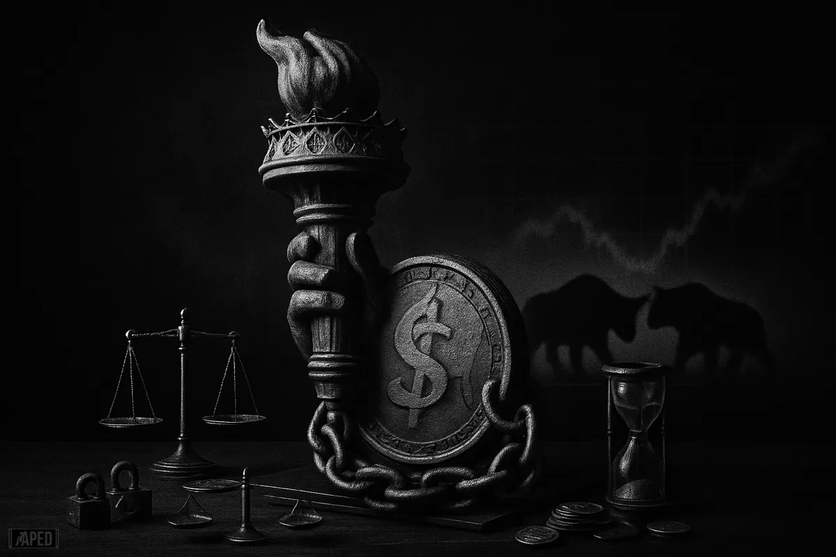 A giant liberty torch and chained medallion dominate a dark trading desk, with scales, hourglass, bull, and bear in a moody grayscale scene.